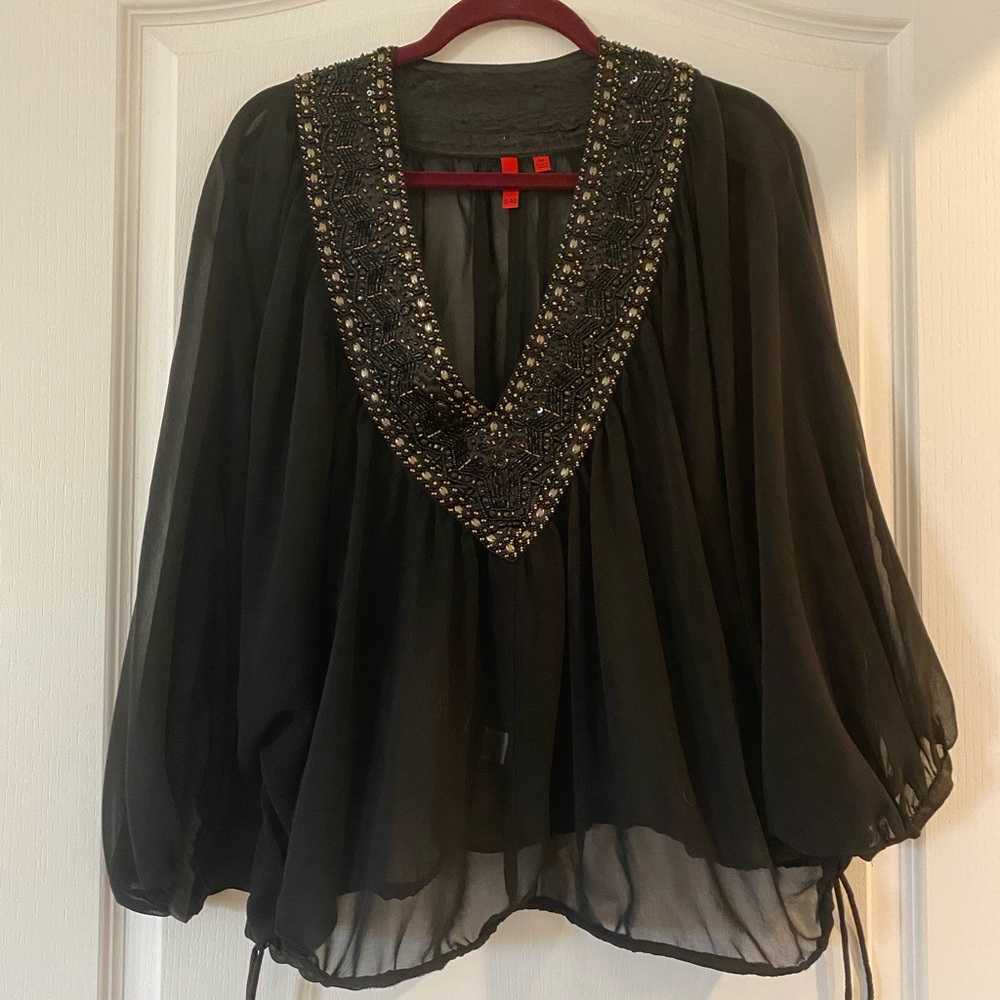 Beaded V-Neck Sheer Top Med